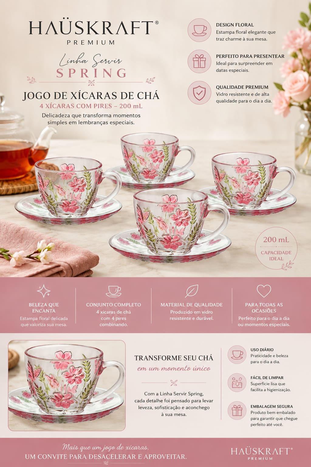 XICARA DE CHÁ SPRING LINHA SERVIR 04 PEÇAS 200ML - JGCH-094RS
